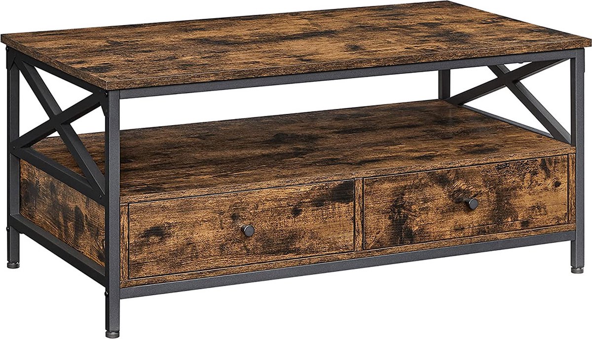 Hoppa! Salontafel, woonkamertafel met laden, 100 x 55 x 45 cm, sofatafel, voor in de woonkamer, X-vormige schragen, open plank, industrieel ontwerp, vintage bruin-zwart
