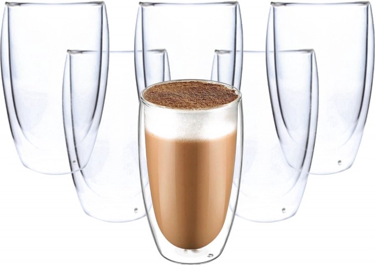 Dubbelwandige Glazen - Set van 6 Stuks - Dubbelwandige Cappuccino/Latte Macchiato Glazen 450ml