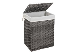 Hoppa! Wasmand Handgeweven | 90 L | Synthetische Rotan Wasmand | Met Deksel en Handvatten | Opvouwbaar | Waszak Afneembaar | Grijs