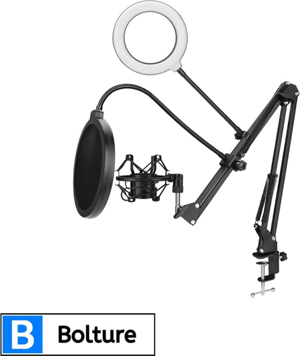 Bolture Microfoon Arm Zonder Microfoon - Mic Standaard Met Popfilter - Mic Houder - Boom Stand - Inclusief LED Ringlamp - Podcast Starterset