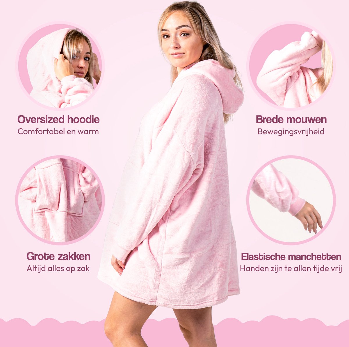 Hoodie deken - Deken met Mouwen - Blanket - Fleece - Plaid - Roze — cadeau in Wonen & Interieur - foto 5