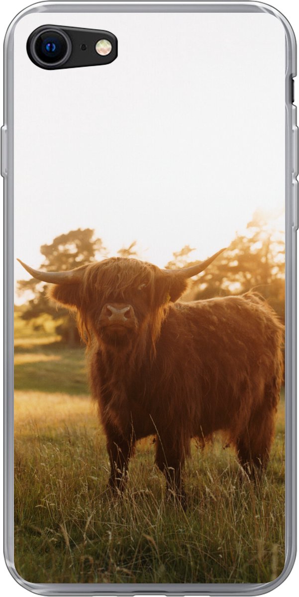 Telefoonhoesje Geschikt voor iPhone 7 hoesje - Schotse hooglander - Gras - Zon - Siliconen Telefoonhoesje Telefoonhoesje