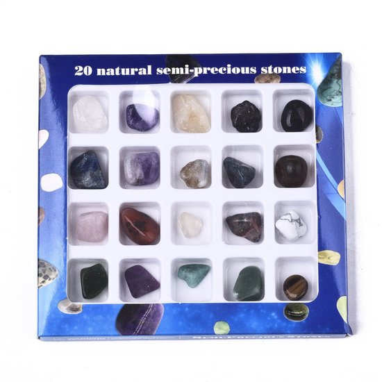 Boîte de 20 pierres semi-précieuses naturelles de différentes couleurs et formes.