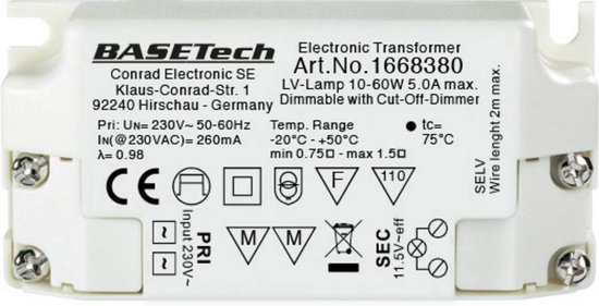 Basetech BT-1668380 Halogeen transformator 12 V 10 - 60 W Dimbaar met... |  bol.com