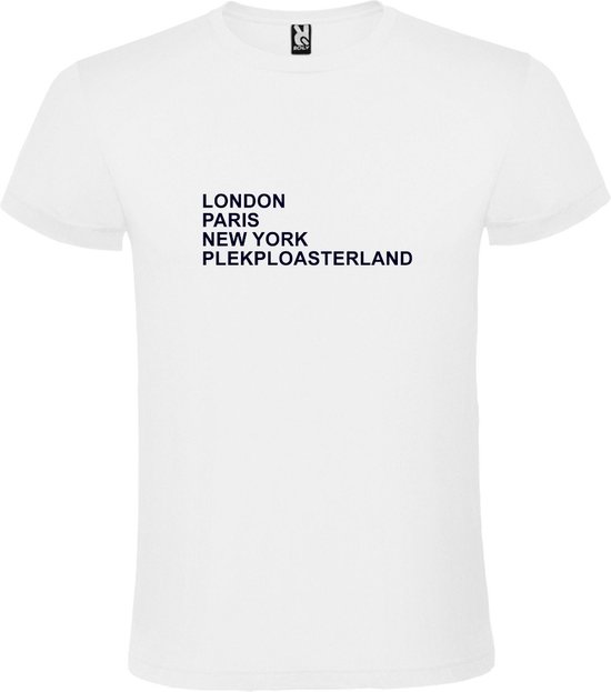 Zwart T-Shirt met London,Paris, New York, Plekploasterland tekst Wit