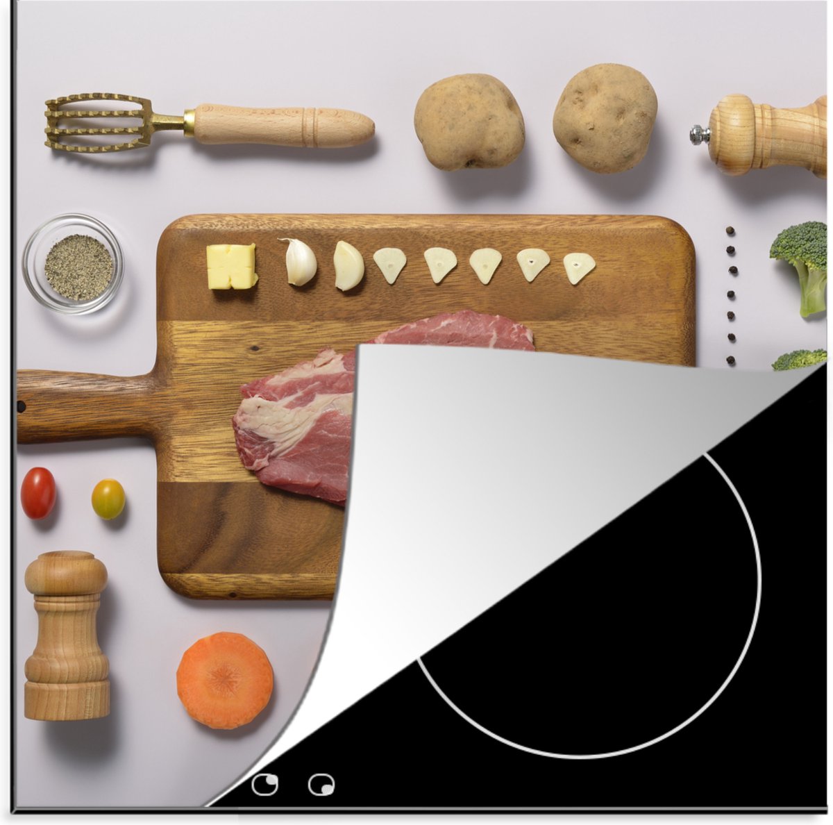 KitchenYeah® Inductie beschermer 78x78 cm - Gegrild rundvlees op een snijplank - Kookplaataccessoires - Afdekplaat voor kookplaat - Inductiebeschermer - Inductiemat - Inductieplaat mat