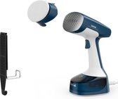 Donkerblauwe en witte Tefal kledingstomer met zwenkbare borstel en deurhaak.