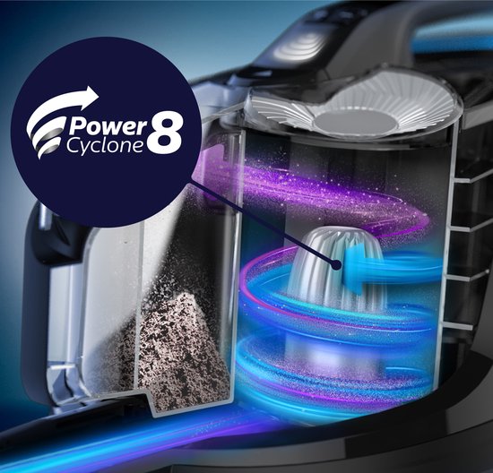 Animatie van het Power Cyclone 8 systeem van de Philips stofzuiger.