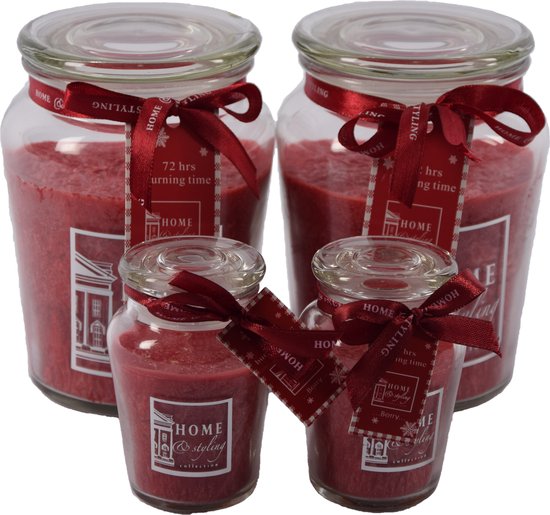 Geurkaars set van 4 Heerlijke zoete Geurkaars in glas | berry Rood | 10x15 cm XL 72/ S 11 branduren