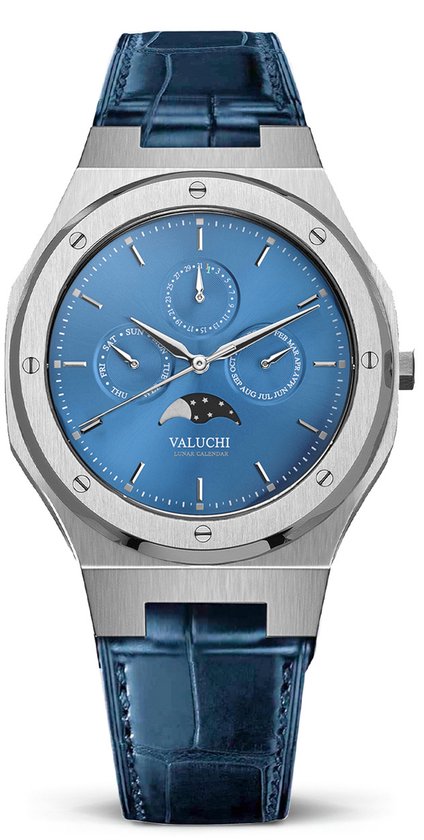 Valuchi Heren Lunar Calendar Roestvrijstaal Automatisch Horloge - Leer Zilver Blauw