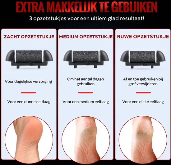Drie opzetstukken voor eeltverwijdering: zacht voor dagelijkse verzorging, medium voor gemiddeld eelt, ruw voor dik eelt.