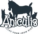 Zwart silhouet van de tekst Aniculis met een paard, kip, hond, kat en twee vogels. "Alles voor jouw dier".