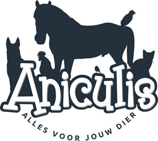 Zwart silhouet van de tekst Aniculis met een paard, kip, hond, kat en twee vogels. "Alles voor jouw dier".
