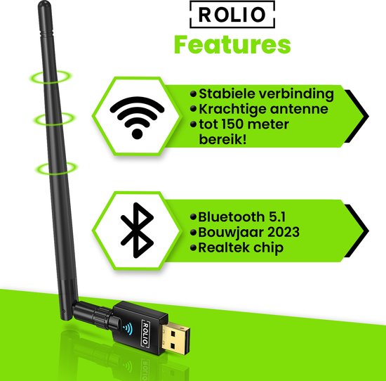 Rolio Bluetooth 5.1 Adapter - 150m Bereik - Premium Ontvanger - Bluetooth Transmitter - Alle Windows versies - Rolio