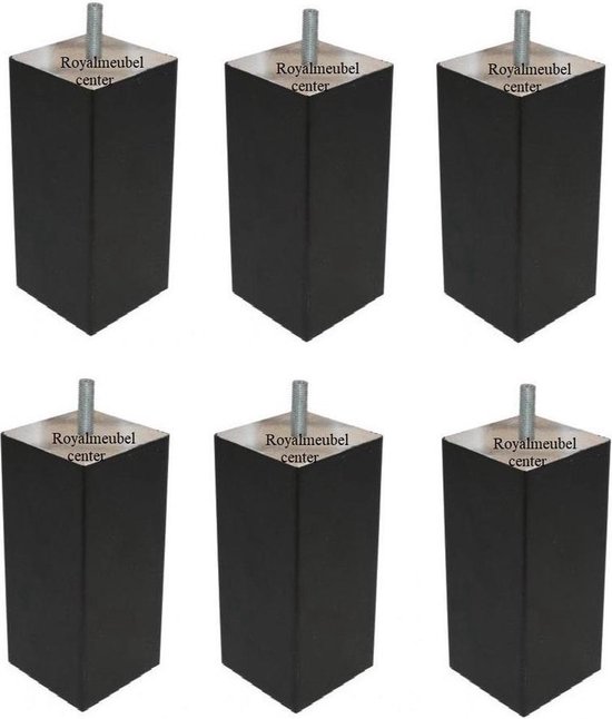 Boxspring Bedden poten Set 6 stuks Vierkanten houten hoogte 12 cm (M8) Zwart kleur Royalmeubelcenter.nl ®