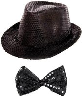 Folat - Verkleedkleding set - Glitter hoed/strikje zwart volwassenen