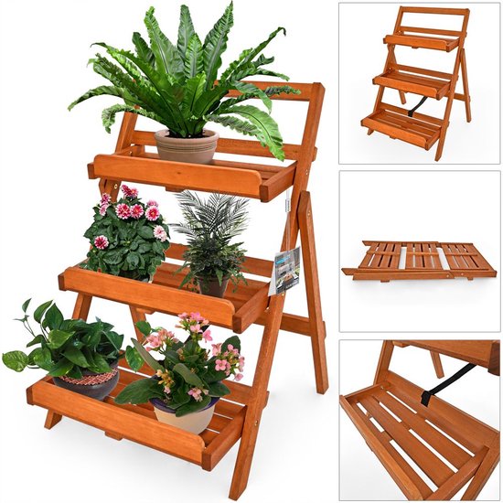 Bruin houten plantenrek met drie etages, gevuld met planten. Drie detailfoto's van het rek.