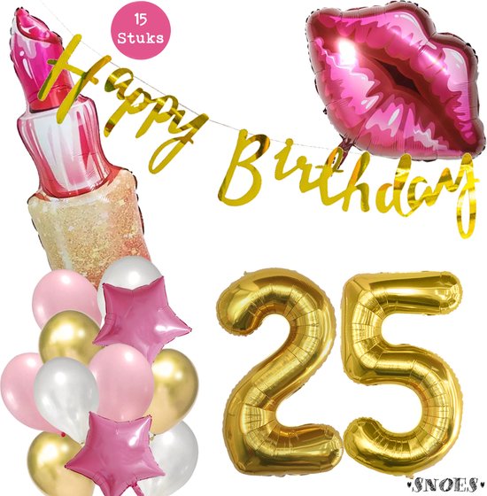 Snoes Beauty Helium Ballonnen Set 25 Jaar - Roze Folieballonnen - Slinger Happy Birthday Goud