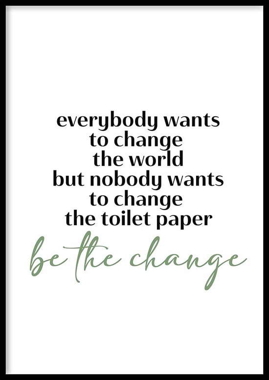 Poster Be The Change - WC Posters - Inclusief lijst - 21x30 cm - A4 - Ingelijst - WALLLL