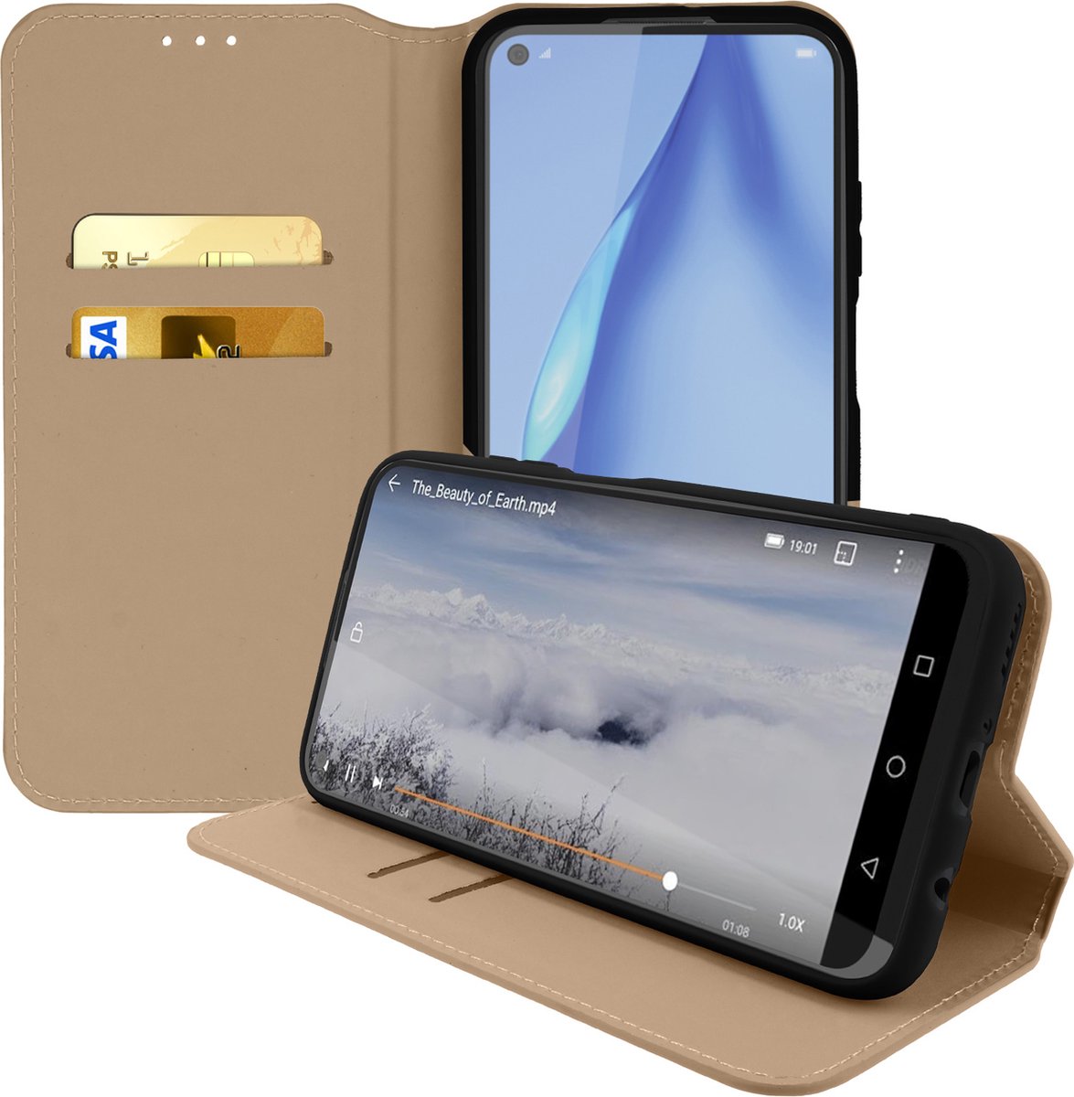 Hoes Geschikt voor Huawei P40 Lite klep portefeuille, video standaard goud