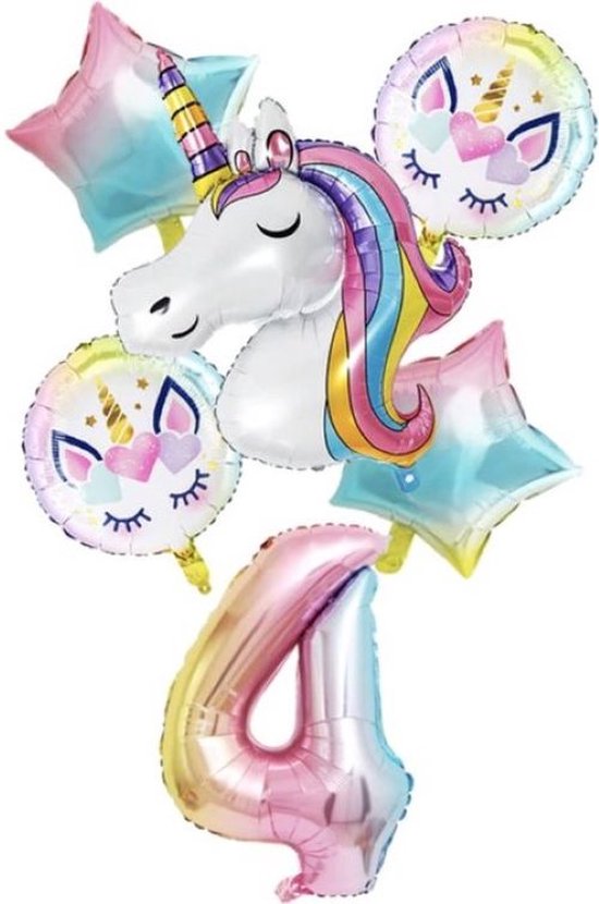 Unicorn - Ballonnen - 6 Stuks - 4 Jaar - Folieballonnen - Rainbow - Verjaardag - Versiering - Birthday - Decoratie - Eenhoorn - Roze - Leeftijdsballon - Themafeestje - Kinderpartijtje - Meisjes - Kinderen