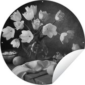 Tuincirkel Stilleven - Bloemen - Zwart - Wit - 60x60 cm - Ronde Tuinposter - Buiten