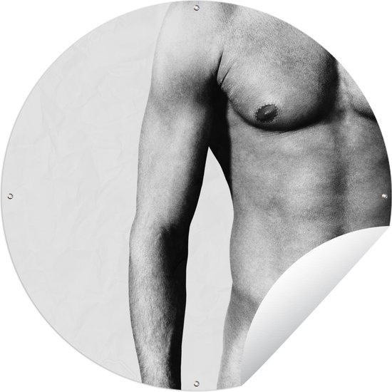 Tuincirkel Torso van een ontblote man - zwart wit - 90x90 cm - Ronde Tuinposter - Buiten