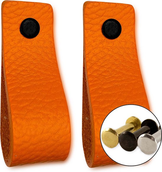 Leren handgrepen - Oranje - 2 stuks - 16,5 x 2,5 cm - incl. 3 kleuren schroeven - handgrepen kast leer - meubelgrepen - handvaten kast - leren lus