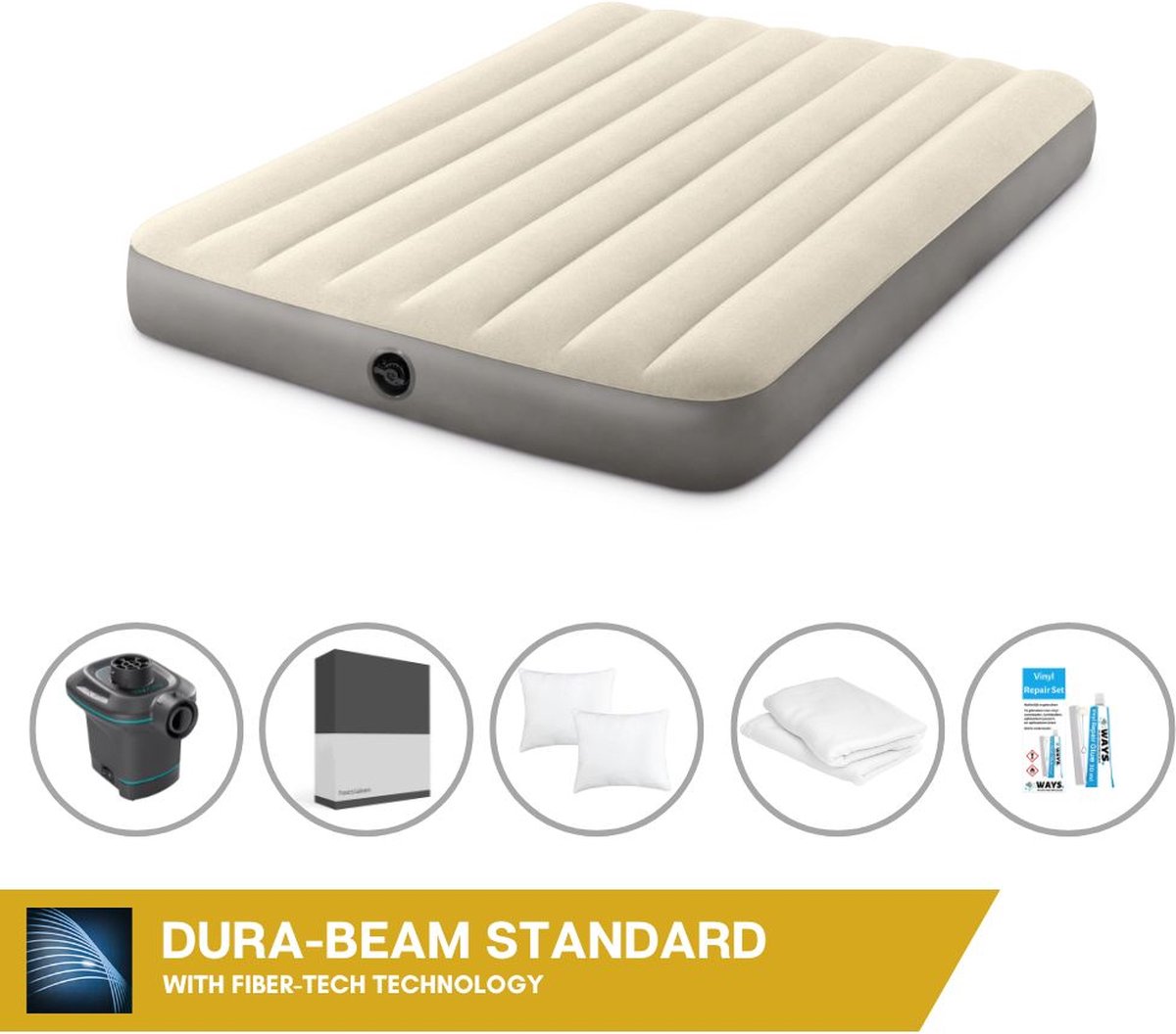 Intex Luchtbedset - Twijfelaar - 137 x 191 x 25 cm - Beige + Intex Elektrische Pomp - 650 Liter/min + Hoeslaken Zwart + Kussen + Molton 2 in 1 Kussenslopen + Reparatieset