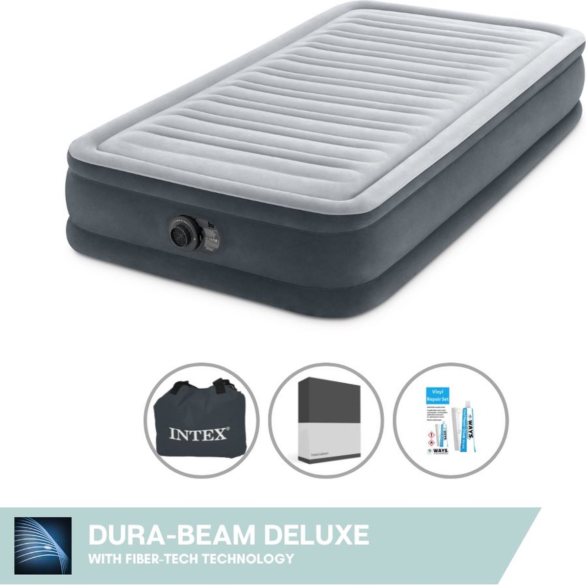 Intex Luchtbed - 1 Persoons - 99 x 191 x 33 cm - Grijs - Inclusief pomp - Hoeslaken en Reparatieset