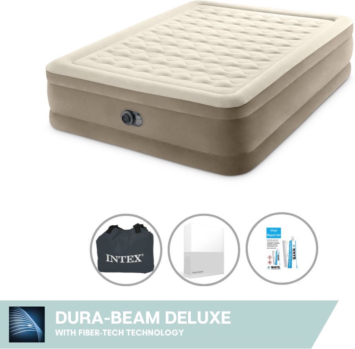 Intex Luchtbedset- 2-Persoons - 152 x 203 x 46 cm - Beige - Met Ingebouwde pomp + Hoeslaken Wit + Reparatieset