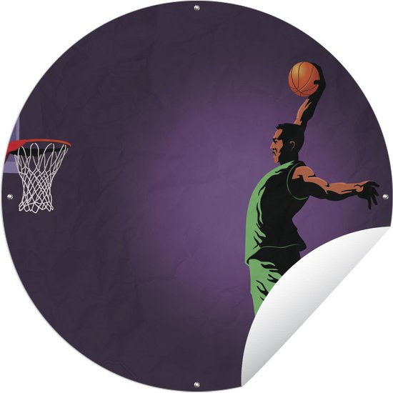 Tuincirkel Een illustratie van een basketballer die spectaculaire dunkt - 60x60 cm - Ronde Tuinposter - Buiten