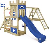 WICKEY speeltoestel ridderkasteel DragonFlyer met schommel & blauwe glijbaan, outdoor kinderklimtoren met zandbak, ladder & speelaccessoires voor de tuin