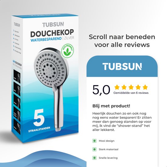 TUBSUN Waterbesparende Douchekop - Handdouche - Regendouche - 50%  Waterbesparend - 5... | bol.com