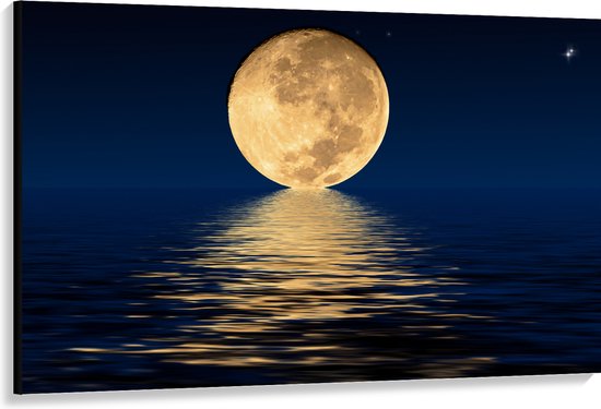 Canvas - Grote Volle Maan in Heldere Nacht Zakkend in de Zee - 150x100 cm Foto op Canvas Schilderij (Wanddecoratie op Canvas)
