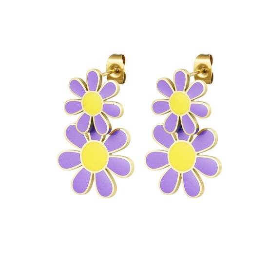 Statement oorbellen - Yehwang - purple flowers - stainless steel - paarse bloemen
