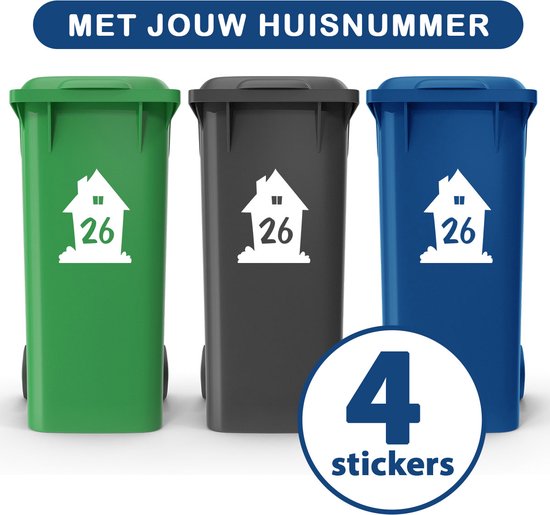 Container Stickers Huisje met Gras - Voordeelset 4 stuks - 15x20 cm - Container / Kliko sticker huisnummer - afvalcontainer sticker - klikosticker - wit - Huisnummer