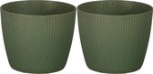 Mica Decorations - plantenpot/bloempot - 2x - kunststof - donkergroen/ribbels- D14/H14 cm