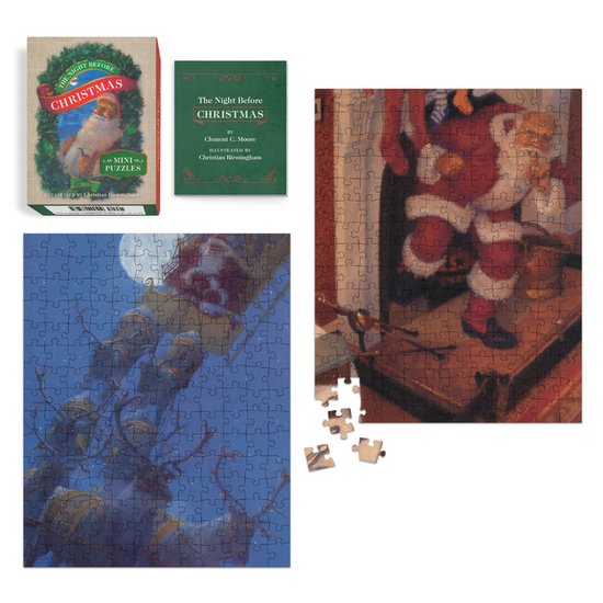 Kerstman met baard en rendieren op de doos, en puzzelafbeeldingen van Kerstman en scene met de kerstman.