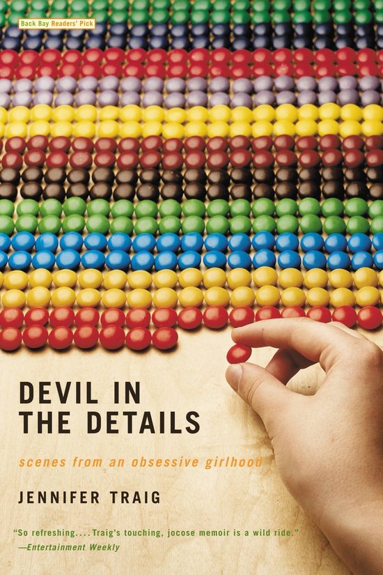 Boekcover 'Devil in the Details' met rijen gekleurde snoepjes en een hand die een rood snoepje vasthoudt.