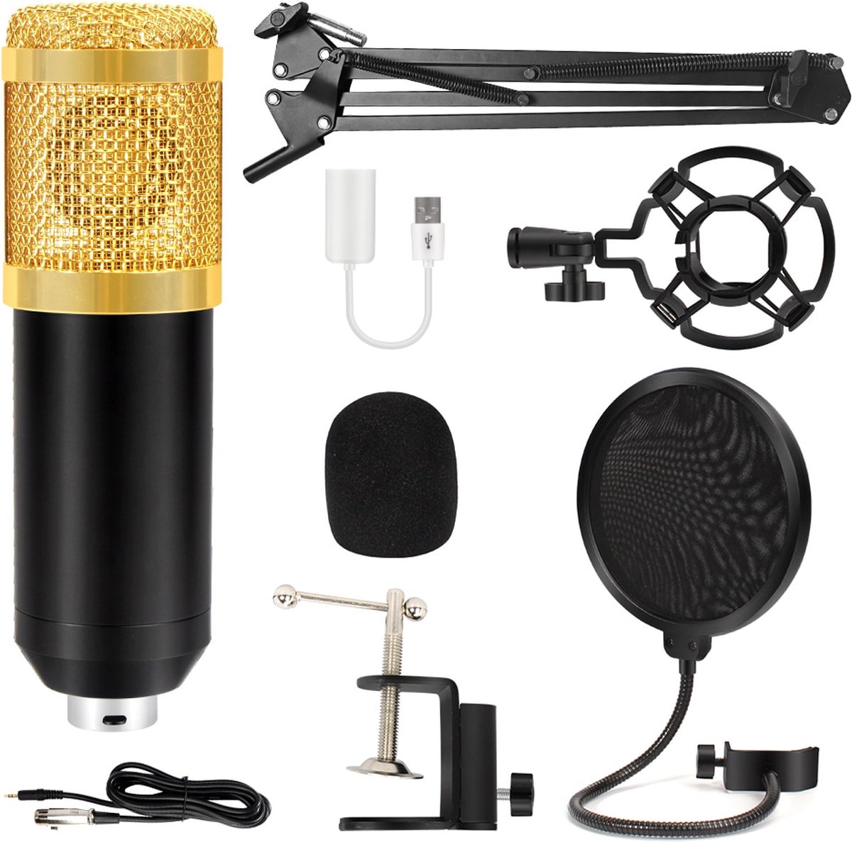 Brandie® - Microfoon - Condensatormicrofoon - Ruisonderdrukking - Helder Geluid - Ultrahoge gevoeligheid - Wijdverspreide toepassing - Professionele Opnameset - Voor Omroepzangopnames - Met USB-geluidskaart - Zwart en Goud