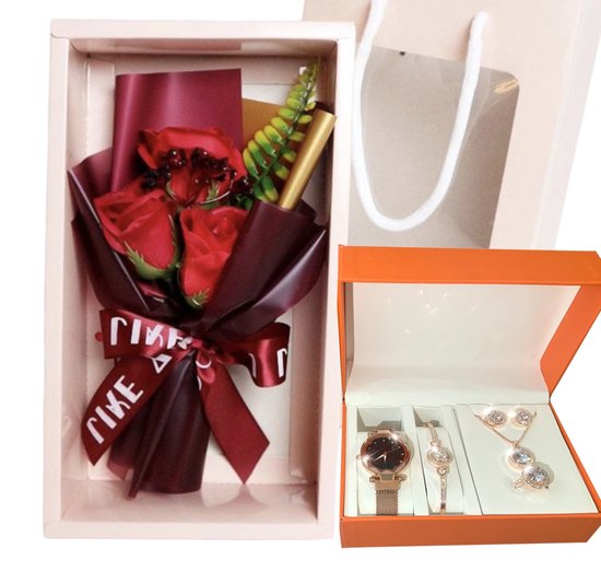 Horlogebox voor dames - geschenkdoos - cadeau set met horloge en bloemen- oorbellen - ketting - ring - armband - valentijn cadeautje voor haar - zilverrose goud