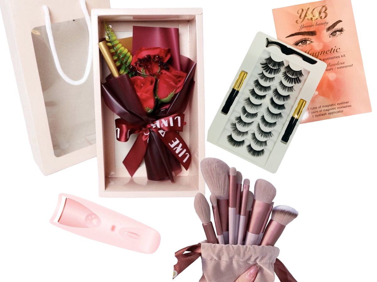 Valentijnscadeau met rozenbloemen in verpakking- magnetische wimperset- wimper heat kruller- makeup brushes – Valentijn Cadeautje Voor Haar
