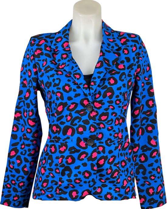 Angelle Milan - Blauw-fuchsia print blazer voor Dames - Travelstof - Comfort - Strijkvrij - Duurzaam - Maat L - In 5 maten!
