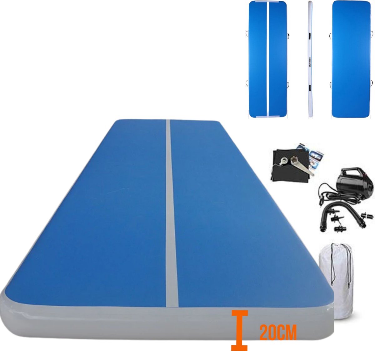 Practics - Airtrack 300cm x 100cm x 20cm Blauw - Turnmat Opblaasbaar incl Elektrische pomp & Opbergzak