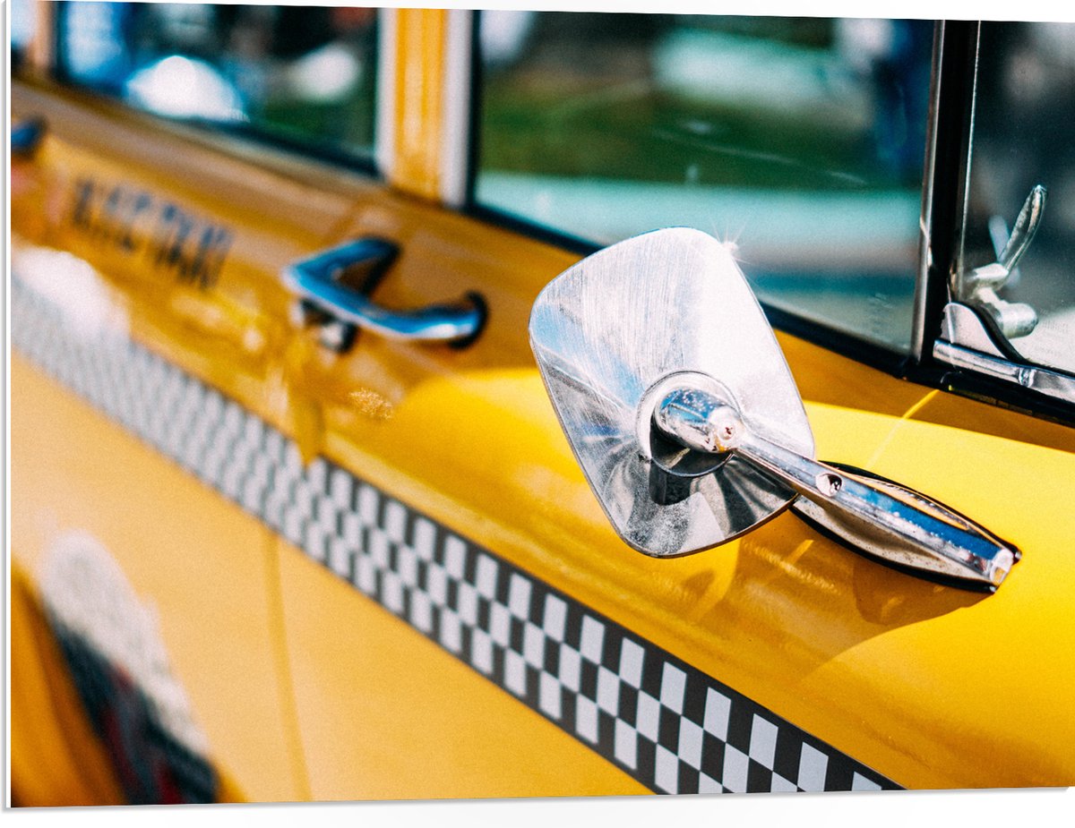 PVC Schuimplaat- Close-up van Spiegel aan Gele Schoolbus - 80x60 cm Foto op PVC Schuimplaa