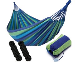 HSXL Dubbele Hangmat Blauw met Touwen - 1 of 2 Persoons - Lig Oppervlak 190x150cm - Lengte 260cm