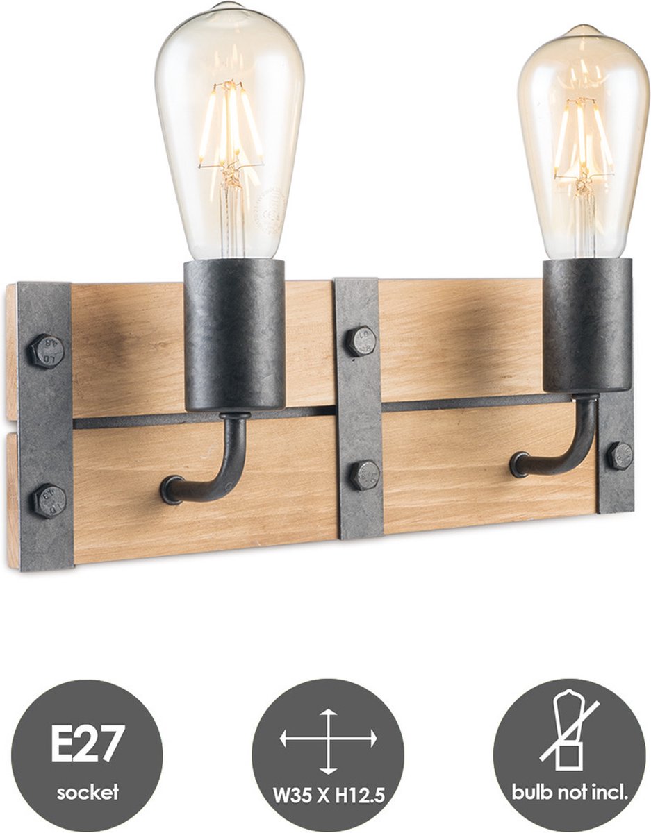 2 stuks houten wandlampen - Retro industriële wandlamp - E27 2 stuks houten wandlampen - Retro industriële wandlamp - E27