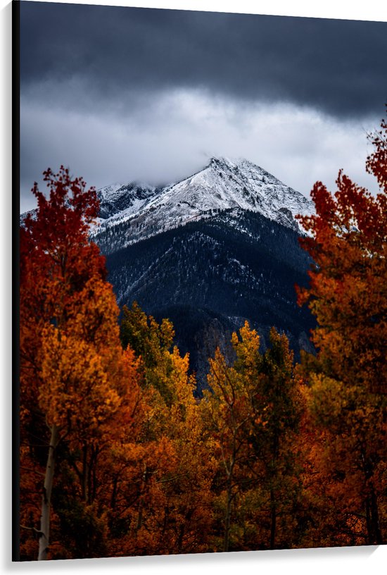WallClassics - Toile - Sommet de montagne enneigé Witte à travers la forêt aux couleurs d'automne - 100x150 cm Photo sur toile (Décoration murale sur toile)
