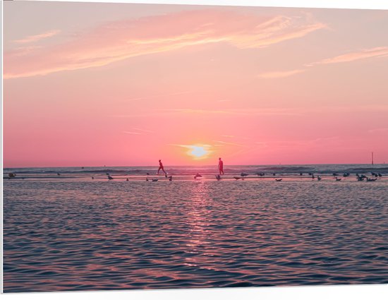 PVC Schuimplaat - Roze Zonsondergang aan Zee met Meeuwen - 100x75 cm Foto op PVC Schuimplaat (Met Ophangsysteem)